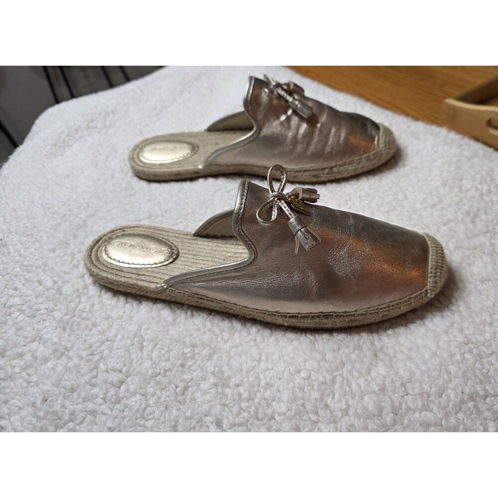Coach Cassidy Metallic Rose Gold Leather Mules Slides Tassels Size 11